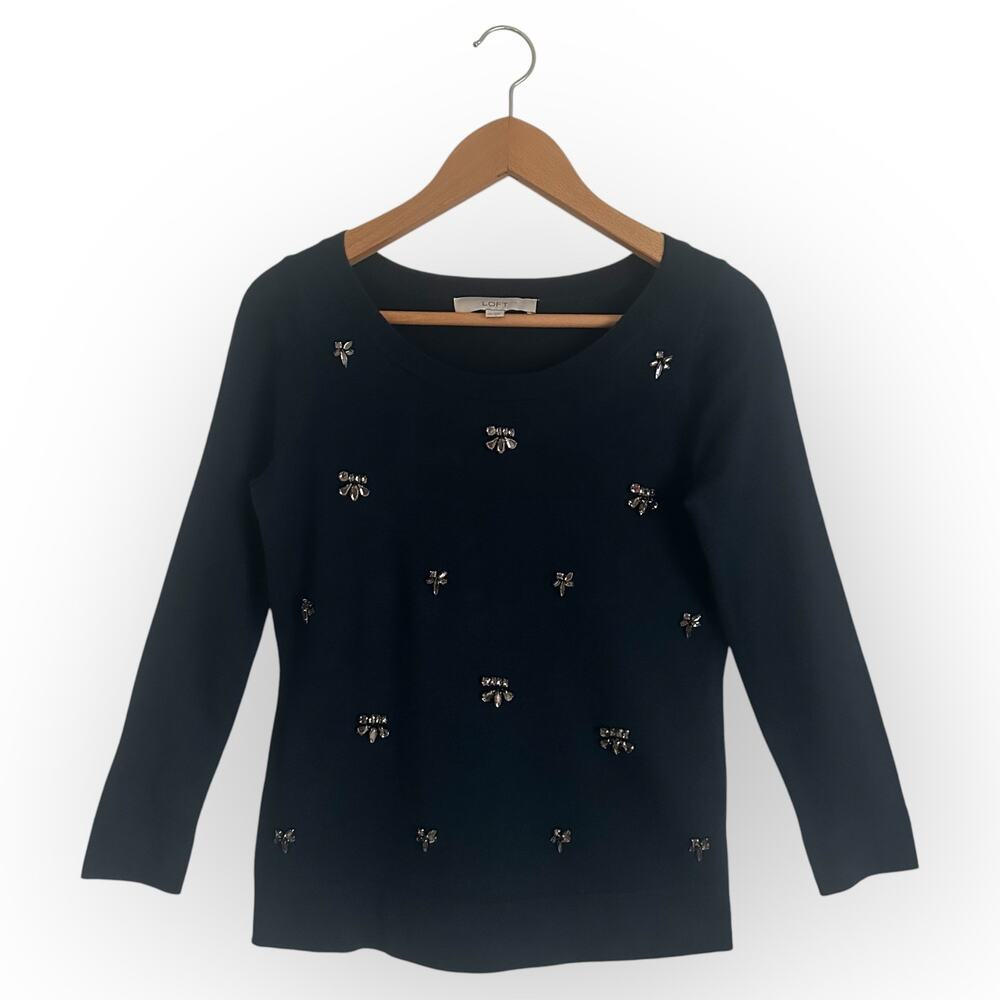 Ann Taylor LOFT Women's Rhinestone Sweater Size XS Navy Blue Wool Blend